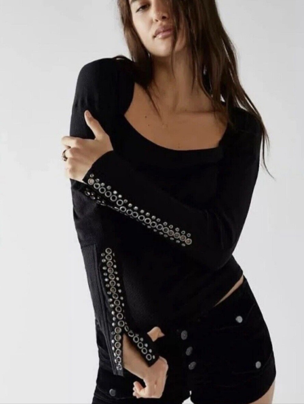 Free People A Little Unruly Black Eyelet-Trim Long Sleeve Top
